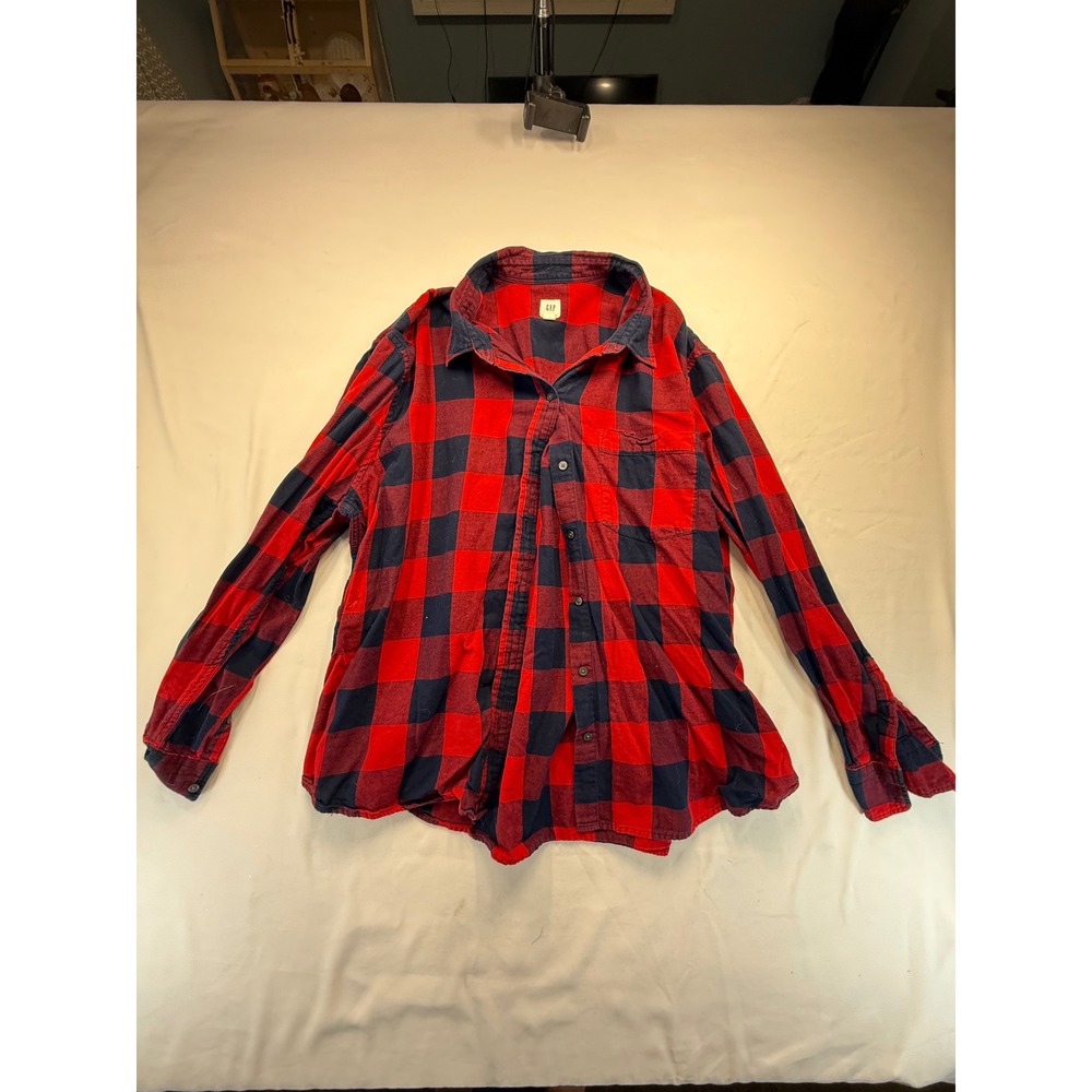 Gap Womens XXL Red Navy Blue Buffalo Plaid Flannel Button Down Shirt Long Sleeve